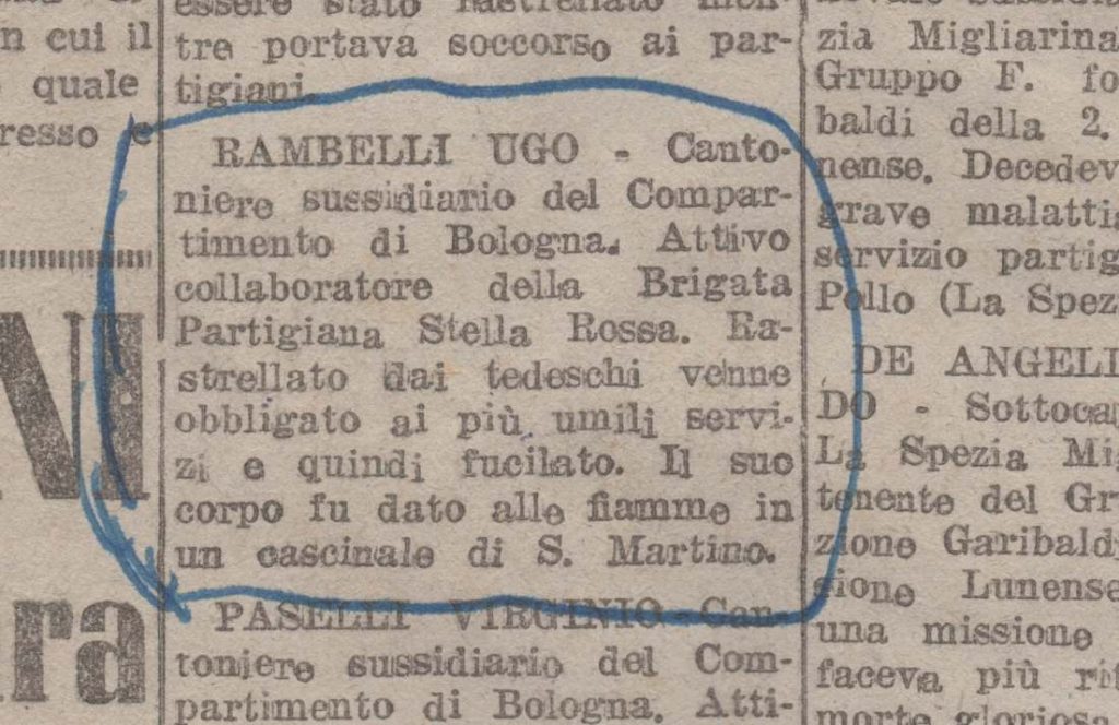 Il ritaglio d’epoca con l’annuncio della morte di Ugo Rambelli