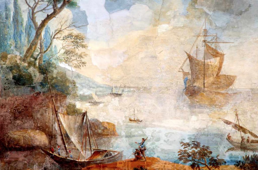 Particolare di «Paesaggio con pini marittimi e imbarcazioni» di Carlo Storni da un affresco di Villa Lancellotti a Frascati (Pinacoteca cantonale Giovanni Züst, foto Ely Riva)