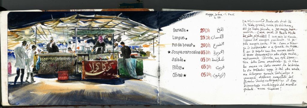 
Uno dei banchetti di stret food in Piazza Jemaa el-Fnaa, a Marrakech, Marocco. Da Mohammed Baolo, allo stand 76, la testa grande costa 70 dirham, 60 la testa piccola e 30 dirham mezza testa media.
Dark side del pianeta vegano dell’esangue occidente. Il popolo mangia carne, si sa. Come a Firenze il lampredotto o a Genova la trippa. E qui a Marrakech il popolo non ha ancora ceduto il passo demografico alla classe media, mediamente istruita ma già dimentica della fame ancestrale.
Se il cibo ha ancora il volto della tradizione, la bevanda lo sta perdendo: regge il thè alla menta, ma dilagano gassate dolciastre. Appena camuffato dal fluente ductus calligrafico il logo bianco-rosso fa capolino nella scritta in arabo. «Ecce Signum! Coca-Cola» (S. Faravelli)
