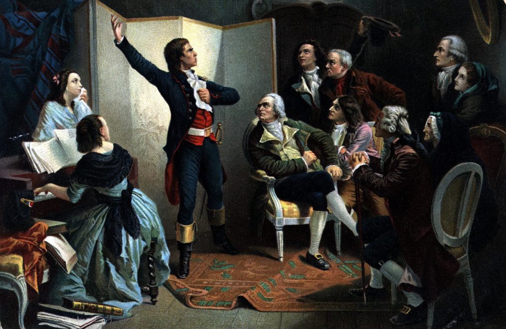Claude Roger de Lisle, compositore della Marseillaise, canta l’inno in casa del sindaco di Strasburgo, in un dipinto del 1848 (Keystone)