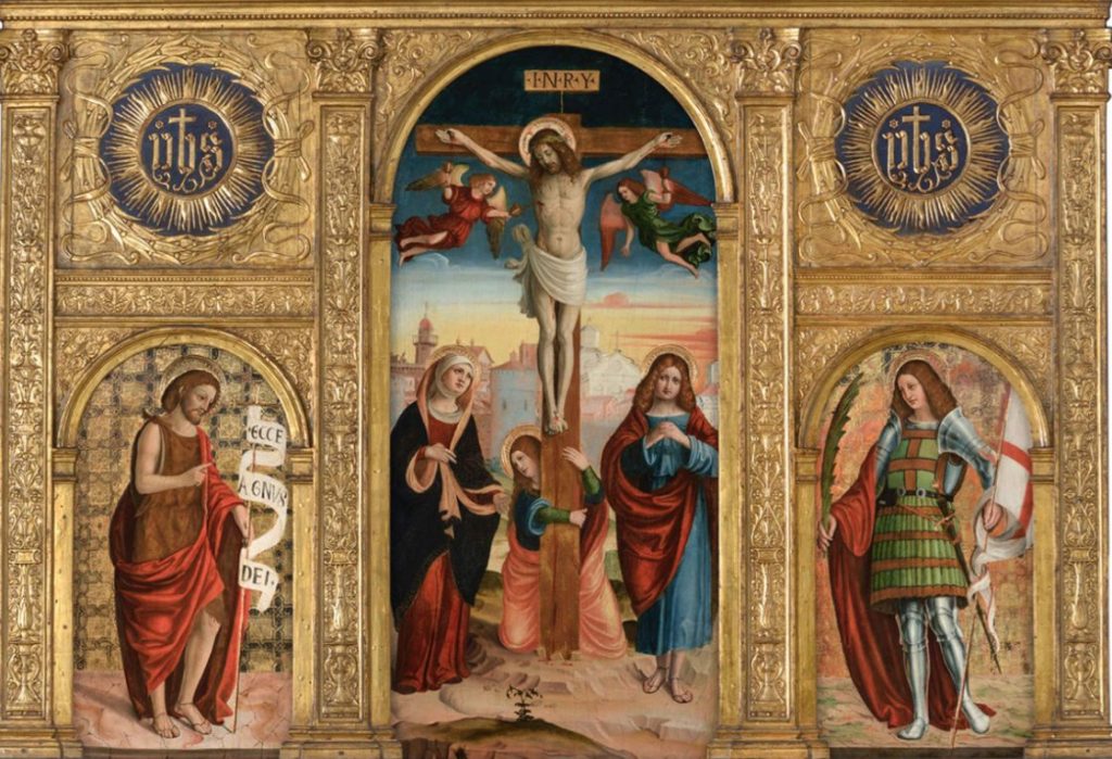 Francesco De Tatti, «San Giovanni Battista; Crocifissione; Santo cavaliere (Vittore?) martire», 1510 circa tavola (Milano, Museo Valsecchi)