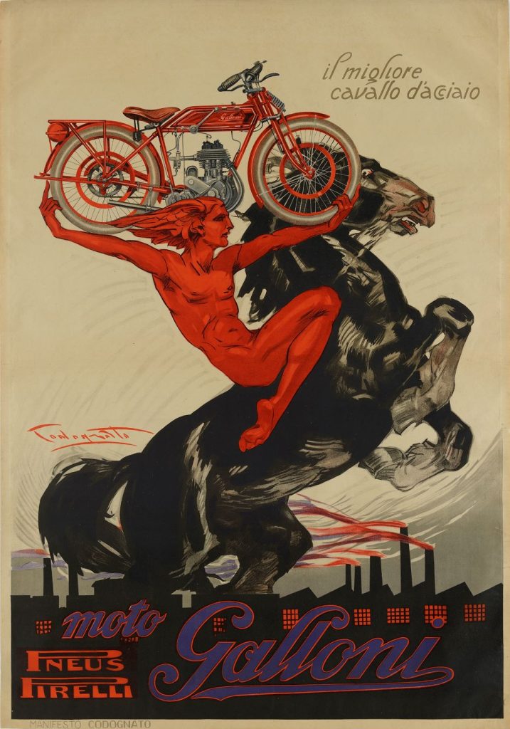 Plinio Codognato, Moto Galloni, 1921 - 1926 circa, manifesto pubblicitario 139.5 x 97.4 cm (Treviso, Museo Nazionale Collezione Salce, Direzione regionale Musei Veneto – su concessione del Ministero della Cultura)
