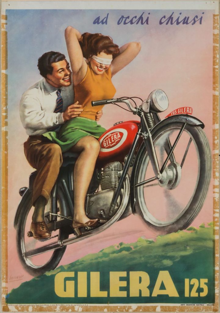 Gilo Boccasile, Gilera, 1949 circa, manifesto pubblicitario 99.6 x 69.7 cm (Treviso, Museo Nazionale Collezione Salce, Direzione regionale Musei Veneto – su concessione del Ministero della Cultura) 