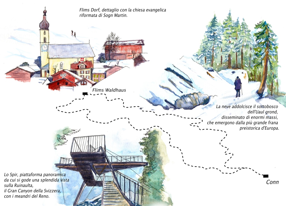 L'illustrazione di Romano Venziani mostra l'itinerario percorso e descritto